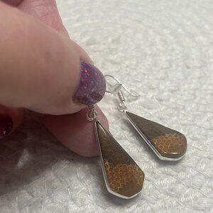 Natural FOSSIL CORAL Handmade Sterling 925 Dangle Earrings #324E